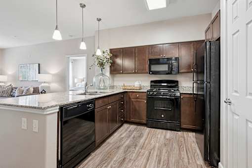Chef's kitchen with black appliances - First and Main Apartments