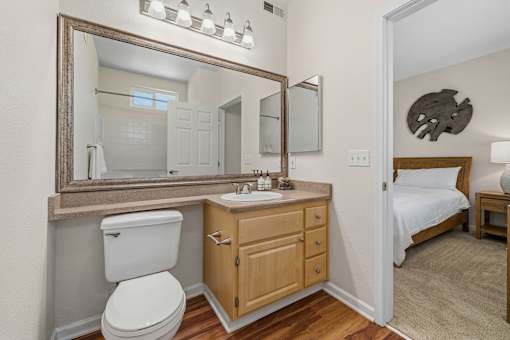 A bathroom with a toilet, sink, mirror, and a bed in the background.