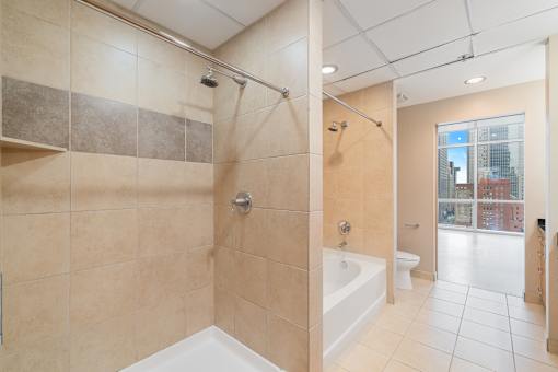 A bathroom with a shower, tub, and toilet.