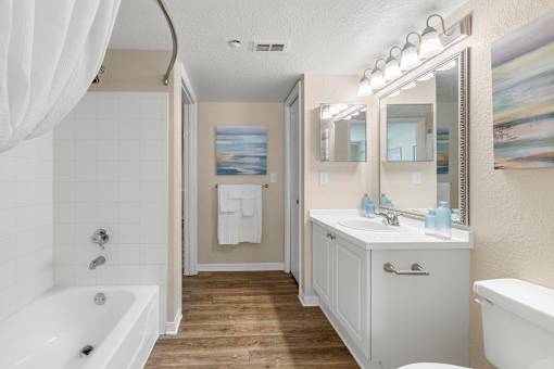 Well-lit bathroom vanities - Egret's Landing Apartments