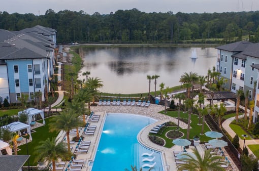 Drift Town Center East aerial view of buildings and lake