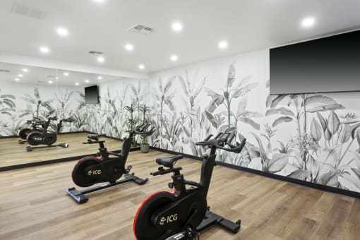 a row of exercise bikes in a room with a mural on the wall