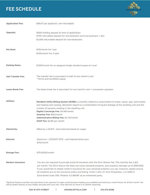 A document titled "FEE SCHEDULE" from Union Lofts outlines various fees associated with an application, deposit, pet rent, parking rate, unit transfer fee, lease break fee, utilities, electric