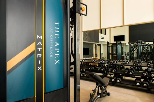 indoor apartment gym with free weights and a bench at The Apex at CityPlace, Kansas, 66210