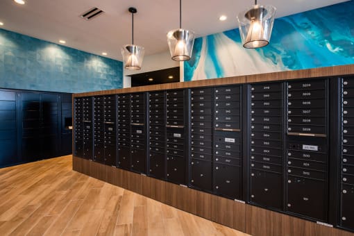 mail room with black mailboxes of various sizes at The Apex at CityPlace, Overland Park, Kansas