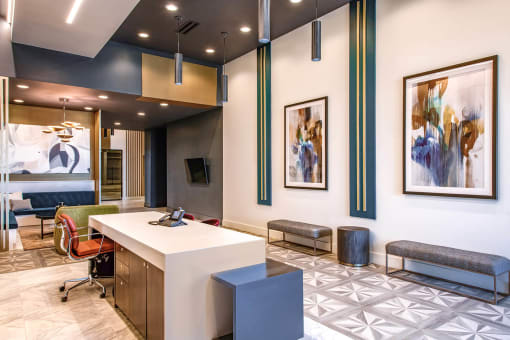 modern office waiting area with a desk and benches at The Apex at CityPlace, Overland Park, KS, 66210