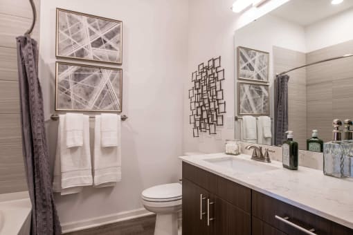 bathroom with a shower, toilet, and large vanity with mirror at The Apex at CityPlace, Kansas, 66210