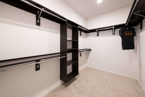 the inside of a large empty walk-in closet with carpeted floors at The Apex at CityPlace, Overland Park, KS
