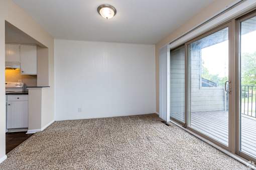 A room with a carpeted floor and sliding glass doors.