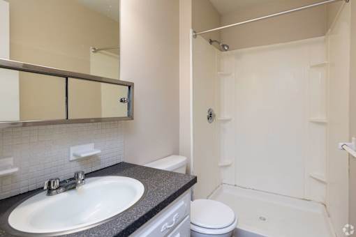 A bathroom with a sink, toilet, and shower.