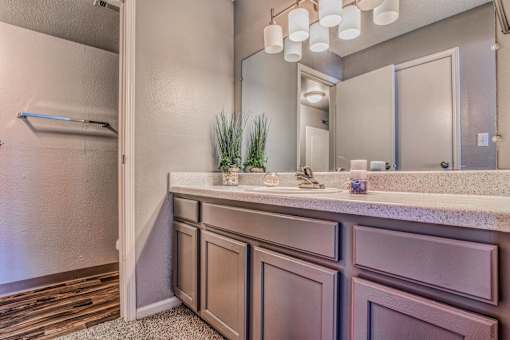 A bathroom with a vanity and a mirror.