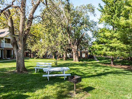 A park with benches and trees.