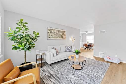 A living room with a white couch, a coffee table, and a potted plant.