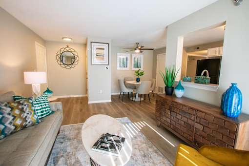 A living room with a couch, a coffee table, and a mirror.