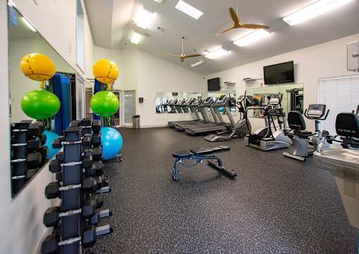 A gym with a variety of equipment including treadmills, exercise balls, and weights.