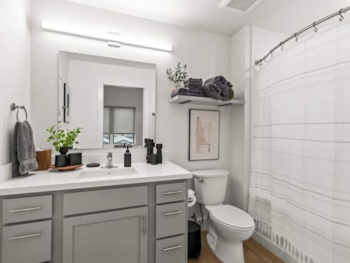 A bathroom with a white toilet, sink, and shower.
