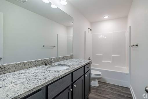 A bathroom with a marble countertop and a walk-in shower.