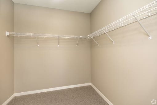 an empty closet with hanging racks and a carpeted floor