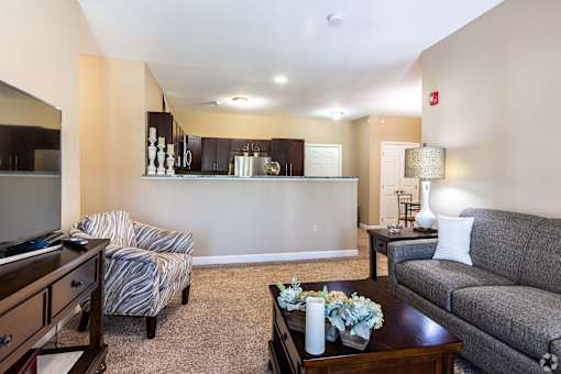 A living room with a grey couch, a coffee table, and a chair with a striped cushion.