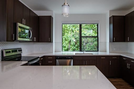Wooden cabinets in kitchen with appliances at 44 Washington, Kansas City, MO