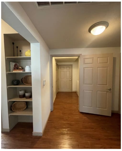 a hallway with a closet and a white door