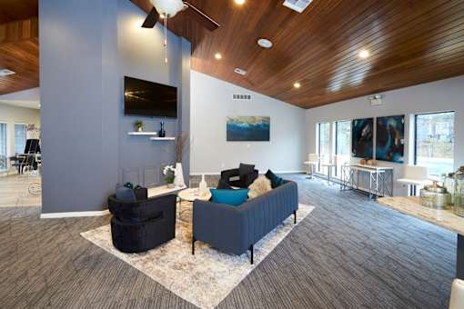 A modern living room with a grey sofa and a black armchair.