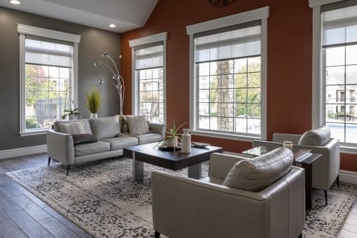 a living room with brown walls and white windows