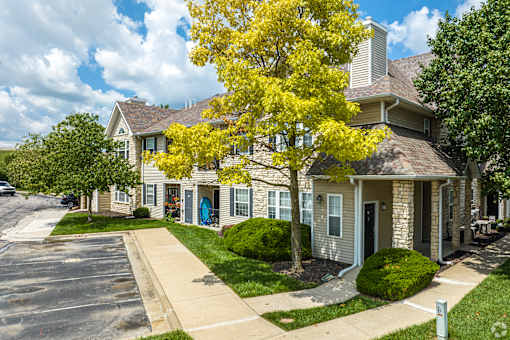 A tree with yellow leaves is in front of a house.