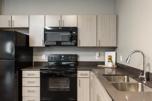 River View Luxury Apartments with black appliances and double sink