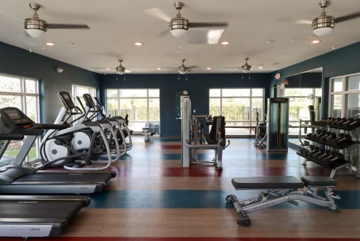 a gym with treadmills and other exercise equipment at The Crest at Laurel Canyon Apartments, Naples, Florida