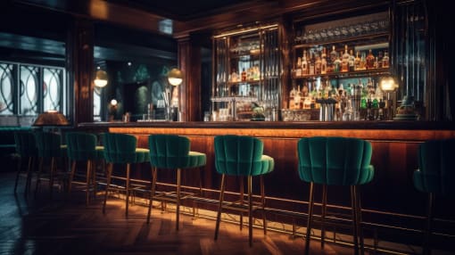 a bar with green bar stools in front of a bar at District at Riverside Apartments, Chattanooga