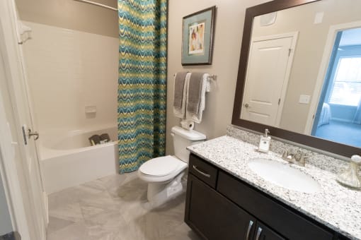 a bathroom with a white toilet next to a bathtub at The Crest at Laurel Canyon Apartments, Georgia