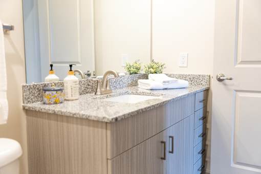 Double vanity bathroom with granite countertop and modern fixtures at The Crest at Acworth Apartments, Acworth, GA 30102