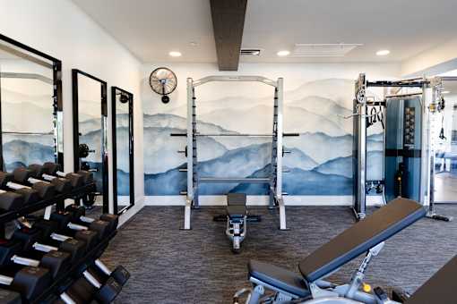 A gym with a wall mural of mountains and a row of treadmills.