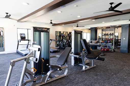 A gym with a variety of equipment including treadmills, weight machines, and a bench press.