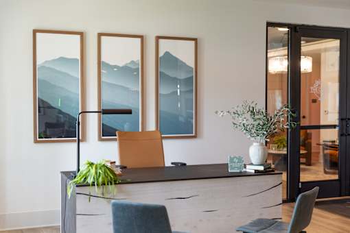 A reception desk with a chair and a plant in front of it.