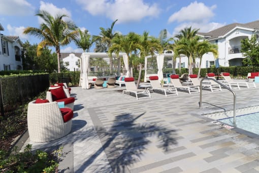 a pool with lounge chairs and palm trees at The Crest at Laurel Canyon Apartments, Florida, 34113