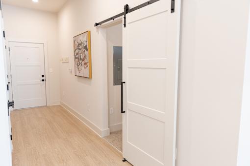 Wall painting and sliding door at District on the Etowah Apartments, Canton