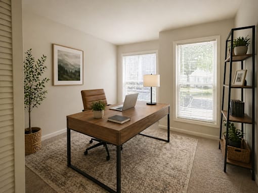 A room with a desk and a chair.