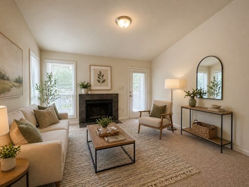 A cozy living room with a fireplace and comfortable seating.