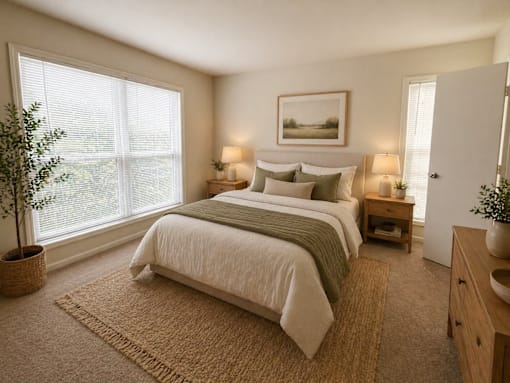 A bedroom with a large bed and a painting on the wall.