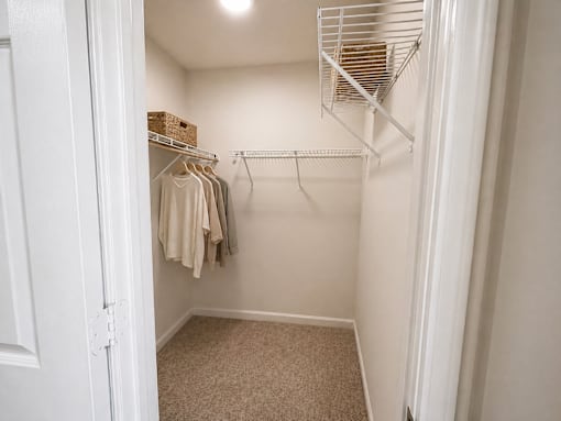 A white closet with a white door and a white shelf.
