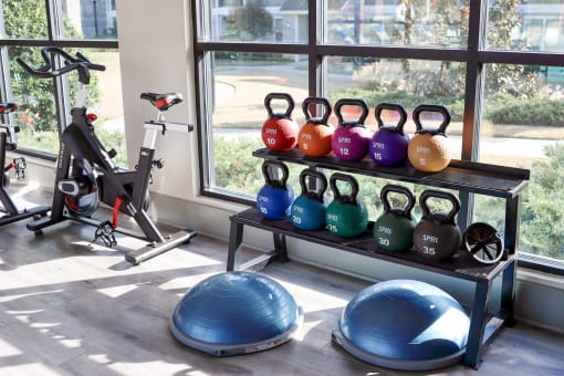 a home gym with weights and cardio equipment and a window at The Crest at Laurel Canyon Apartments, Canton, 30114