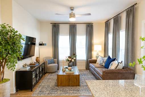 Living Room with TV1 at The Crest at Oakwood, Oakwood, GA
