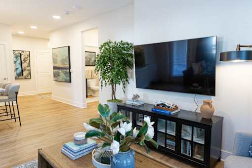 Living Room with TV at The Crest at Oakwood, Oakwood, GA, 30566