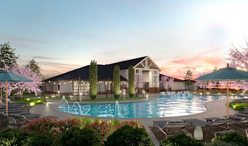 A beautiful outdoor scene with a pool, lounge chairs, and a house in the background.