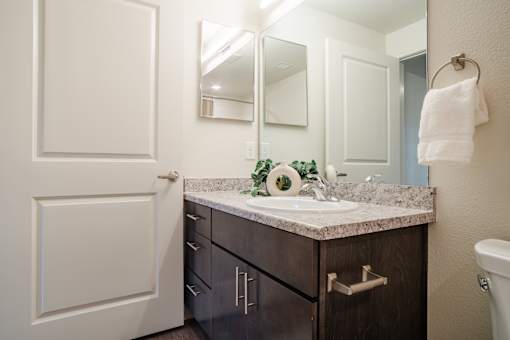 A bathroom with a sink, mirror, and towel rack.