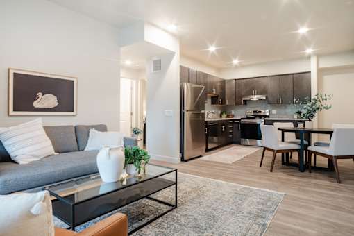 A modern living room with a grey sofa, a glass coffee table, and a kitchen area in the background.