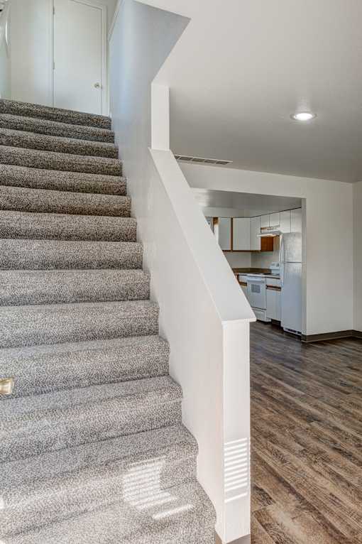 A staircase with a carpeted runner and wooden steps.
