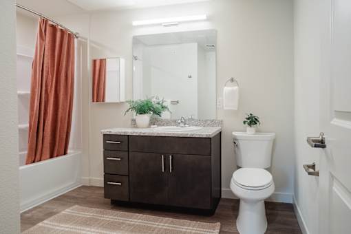 A bathroom with a toilet, sink, and a mirror.